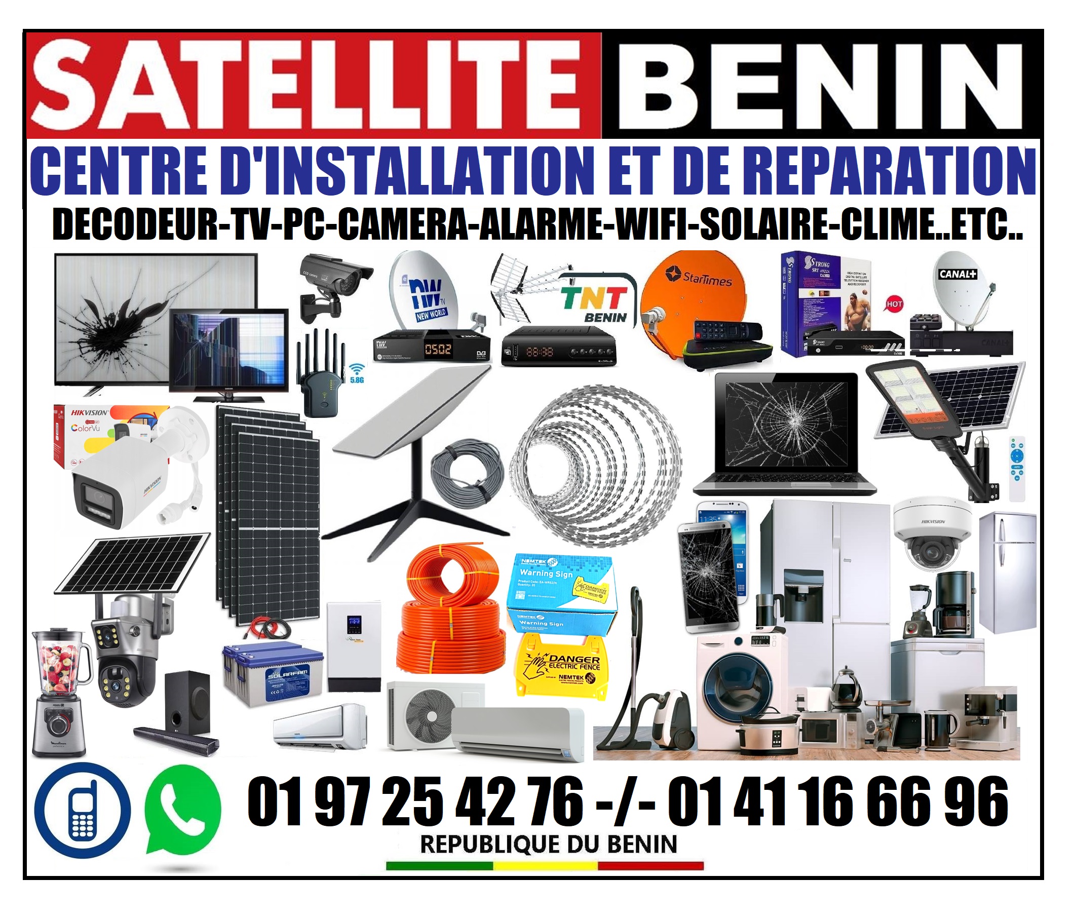 SATELLITE BÉNIN NUMÉRIQUE met à votre disposition son expertise professionnelle dans l’achat, l’installation, la maintenance et la réparation de vos équipements électroménagers, électroniques, informatiques, réseaux et solutions de sécurité.